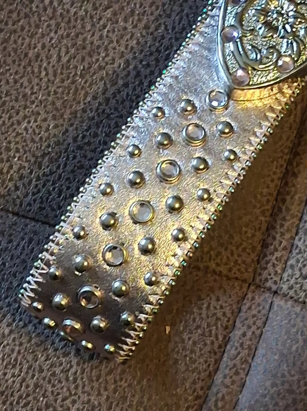 Studded Metallic Rosegold Pink Western Belt with Ornate Buckle 29 To 33 Inches